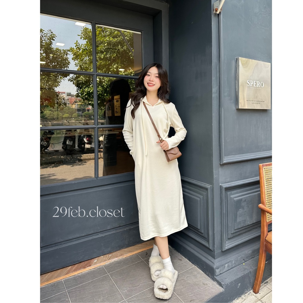 Váy Xinh Hoodie Mũ Dây Rút Dáng Suông Trơn Basic 29feb.closet Thời Trang Thu Đông - V159