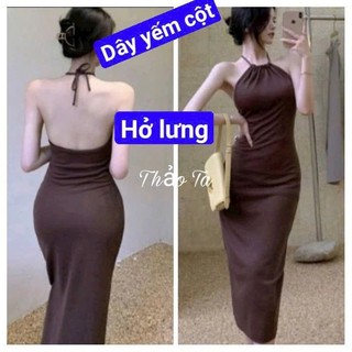 [Video, Ảnh Thật] Đầm thun gân cổ yếm cột dây hở lưng may kèm mút ngực dáng dài gợi cảm MC