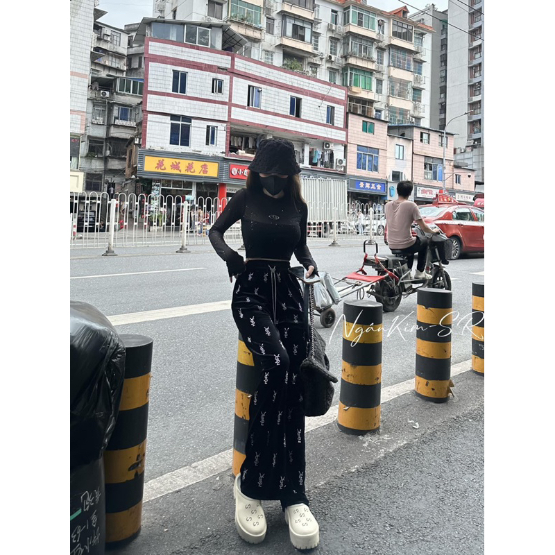 SET ÁO NHŨ ĐÁ LƯỚI TAY DÀI LOGO QUẦN NHUNG YSL CAO CẤP