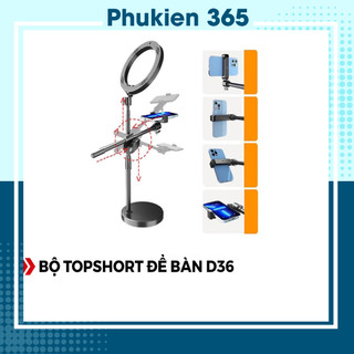Bộ quay video để bàn topshop d36 - 2 kẹp điện thoại - nhỏ gọn - chắc chắn - kèm đèn livetream - chính hãng phu kien 365