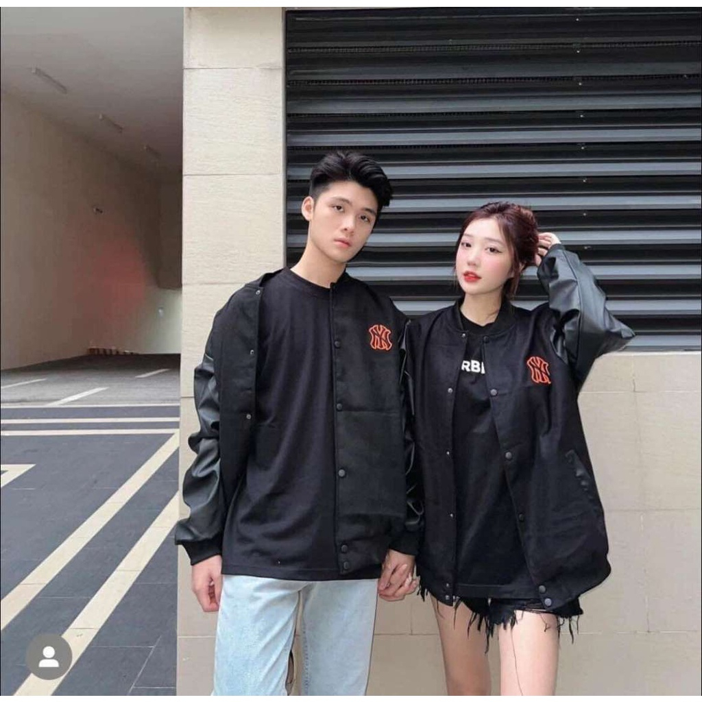 Áo Khoác Bomber Nam Nữ Phối Tay Da - Áo Varsity Jacket Bóng Chày NY Chất Dạ Logo Thêu Cao Cấp