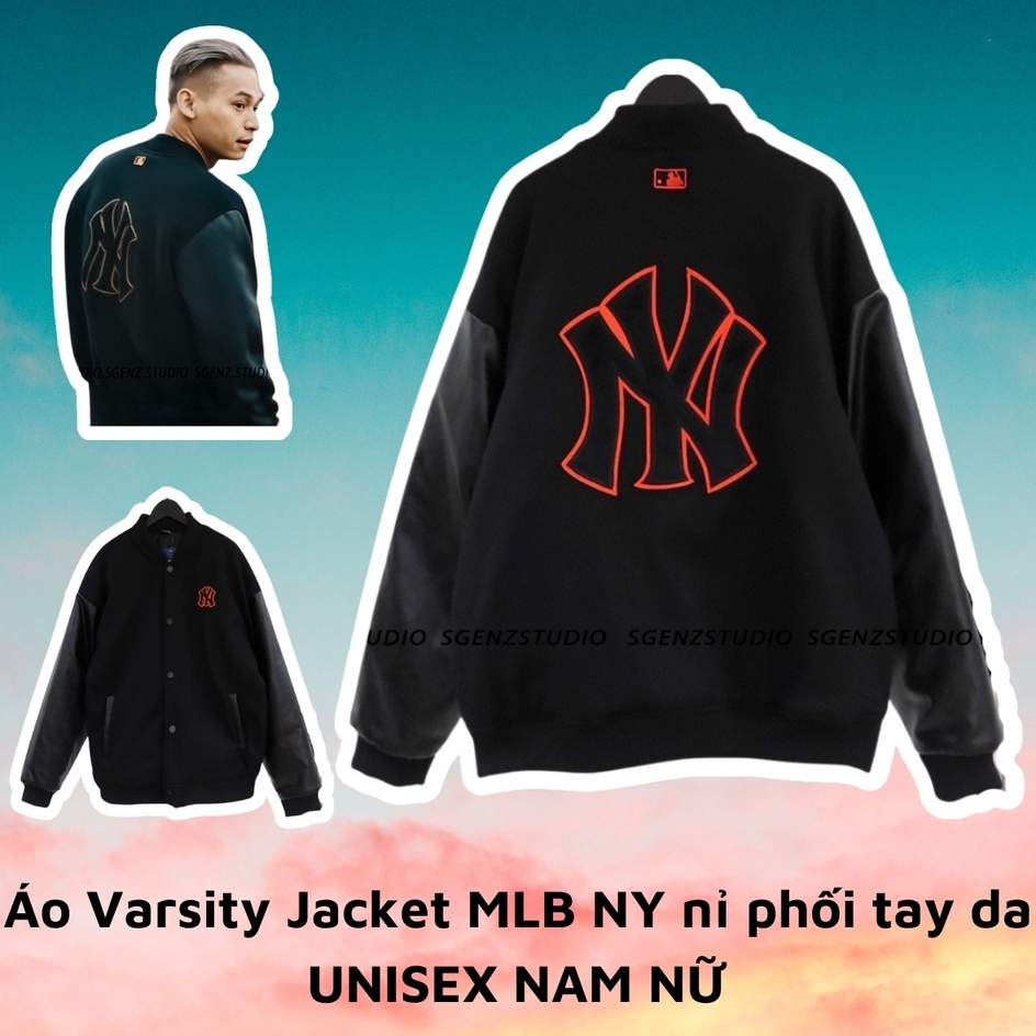 Áo Khoác Bomber Nam Nữ Phối Tay Da - Áo Varsity Jacket Bóng Chày NY Chất Dạ Logo Thêu Cao Cấp