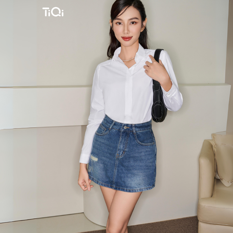 Chân váy jean bò ngắn ôm rách nhẹ TiQi Jeans V1-265