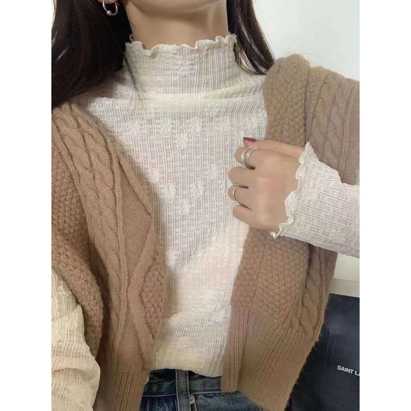 Áo Thun Ren Nữ Dài Tay Cổ Lọ Thêu Hoa Nhí Phối Váy Đầm Áo Gile Phong Cách Vintage Nhẹ Nhàng Điệu Đà Hàn Quốc