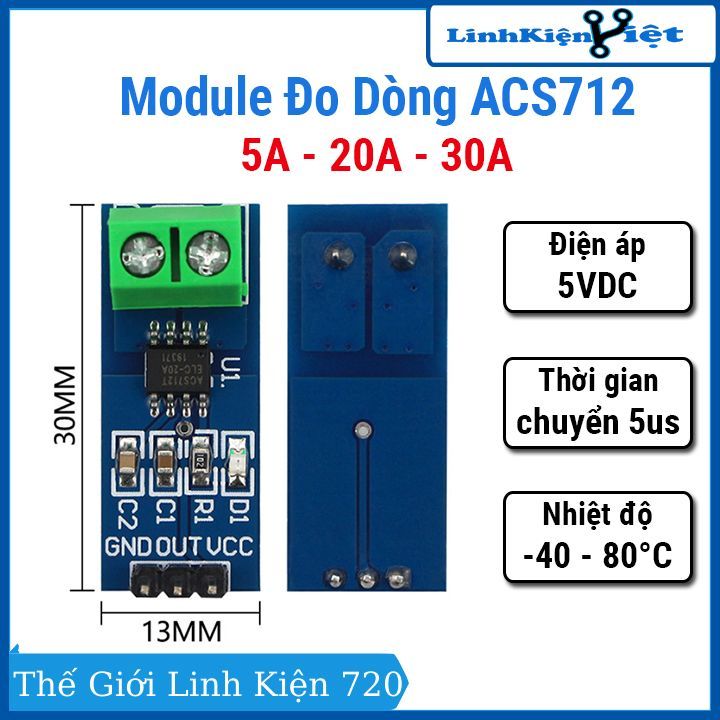 Module Đo Dòng ACS712 điện áp 5VDC nhiệt độ hoạt động - 40 đến 80 độ C