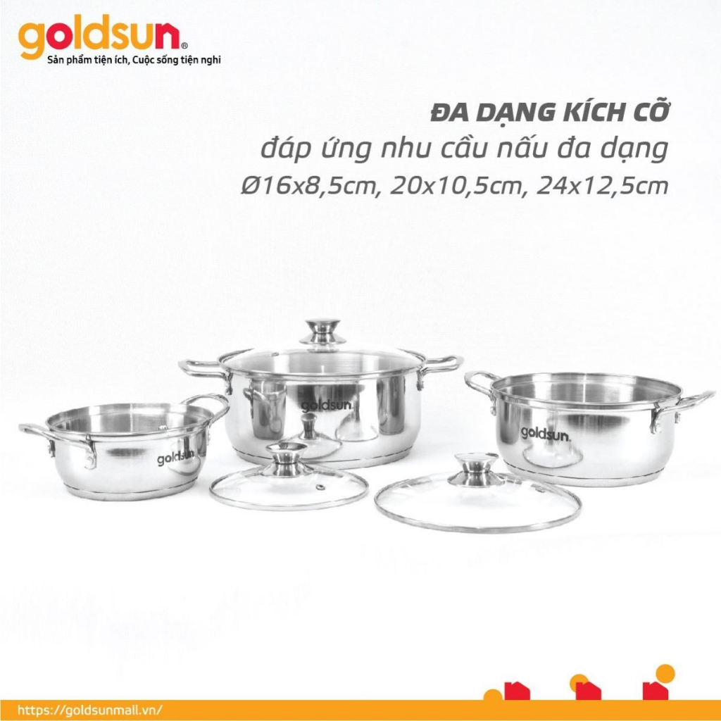 Bộ nồi inox 3 đáy Goldsun GPS1723 hàng chính hãng dùng mọi loại bếp, bảo hành chính hãng 12 tháng