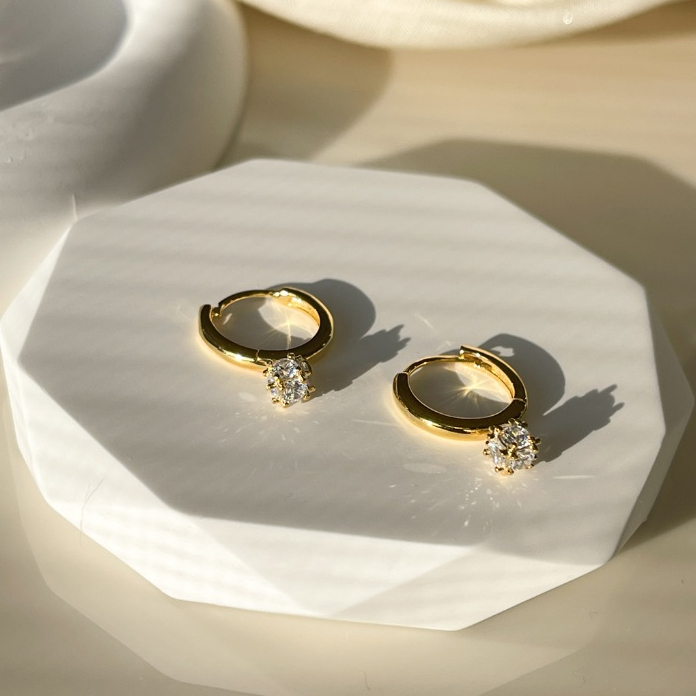 Bông Tai Bạc JUNIE, Dáng Tròn Đính Đá Zirconia Đơn Giản E-QUINN