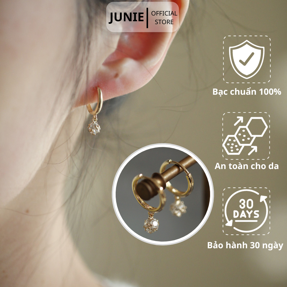 Bông Tai Bạc JUNIE, Dáng Tròn Đính Đá Zirconia Đơn Giản E-QUINN
