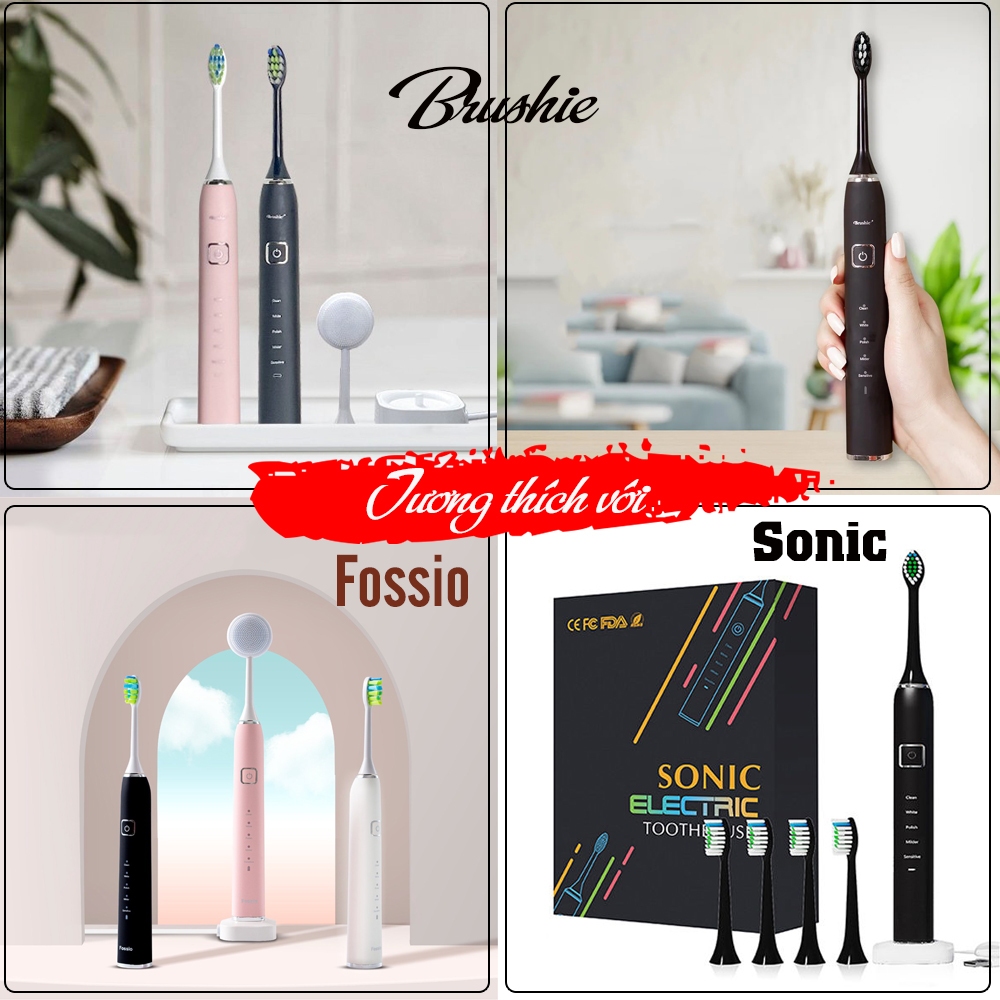 Set 2 đầu cho máy Brushie, Fossio, Sonic bàn chải đánh răng điện, lông mềm  Minh House