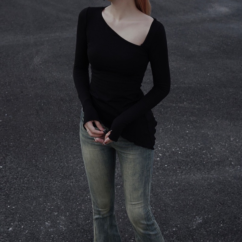 Áo Thun Dài Tay Xéo Vạt Dây Cổ 2 Màu Xám Đen