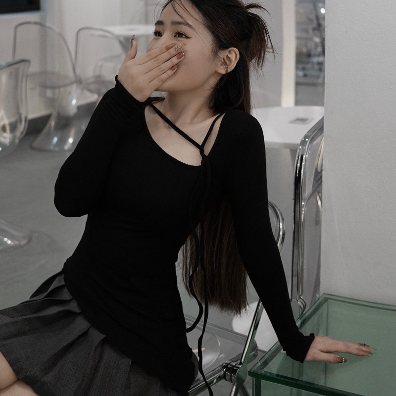 Áo Thun Dài Tay Xéo Vạt Dây Cổ 2 Màu Xám Đen