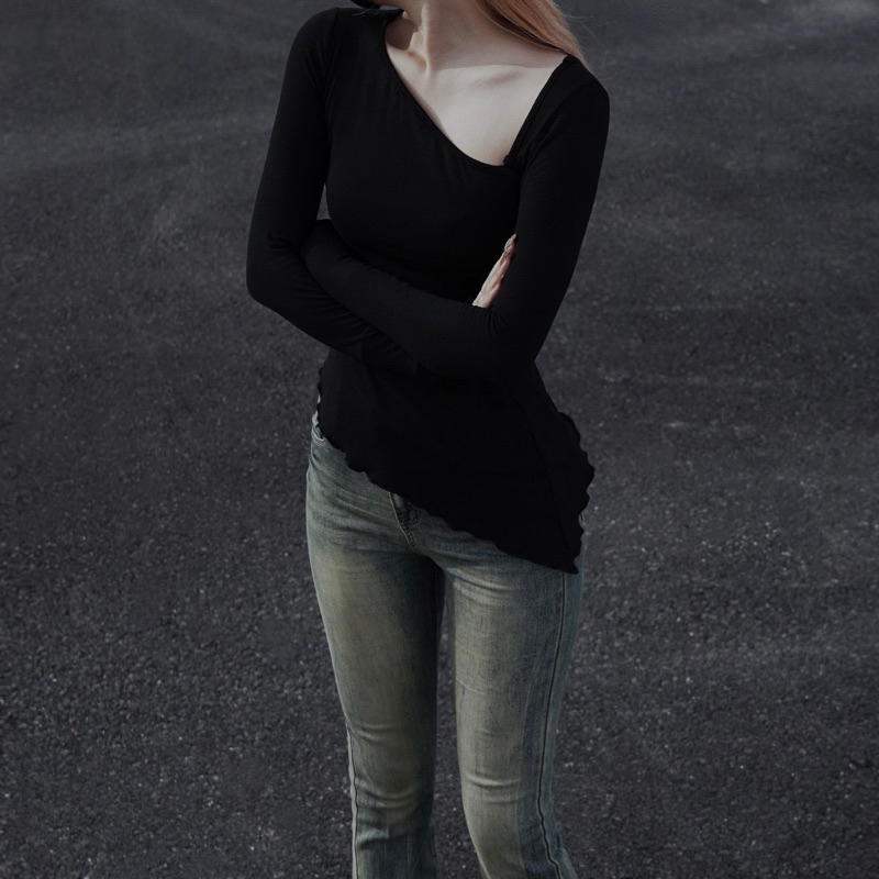 Áo Thun Dài Tay Xéo Vạt Dây Cổ 2 Màu Xám Đen