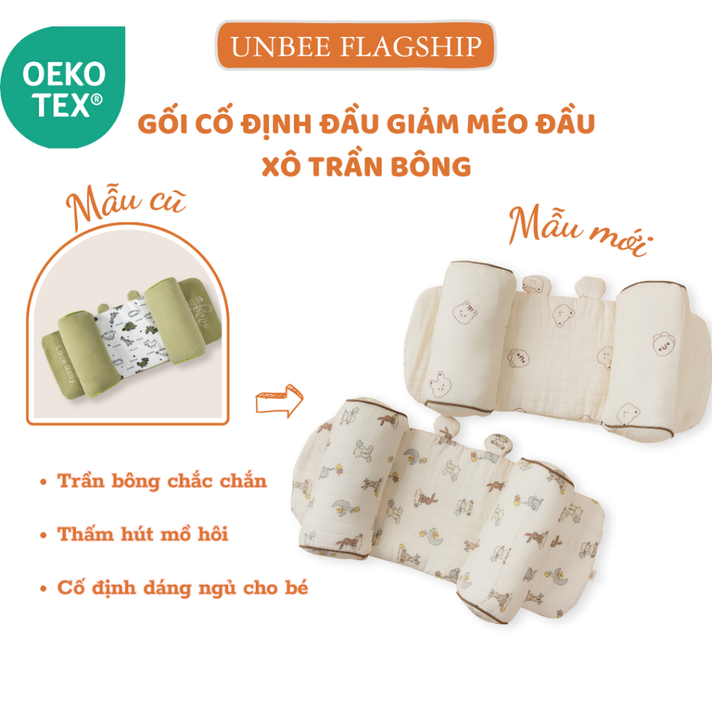 Gối Chặn Định Hình Đầu Xô Trần Bông Muslin Unbee Cho Bé Sơ Sinh, Chống Méo Đầu, Bẹp Đầu,Êm Ái Kèm Bông Bên Trong