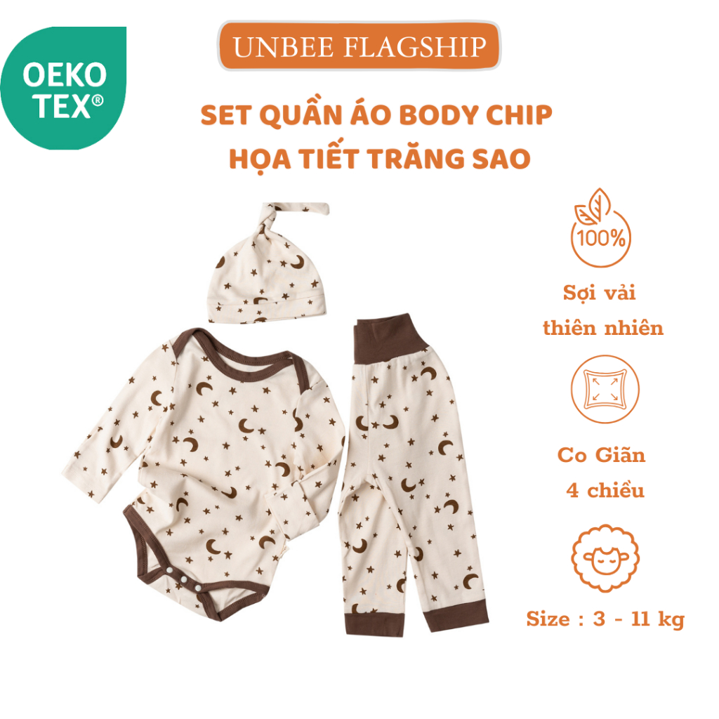 Bộ liền thân 3 món cho bé bodysuit dài tay kèm ché thóp và quần dài Unbee chất liệu thun mềm mại thoáng mát