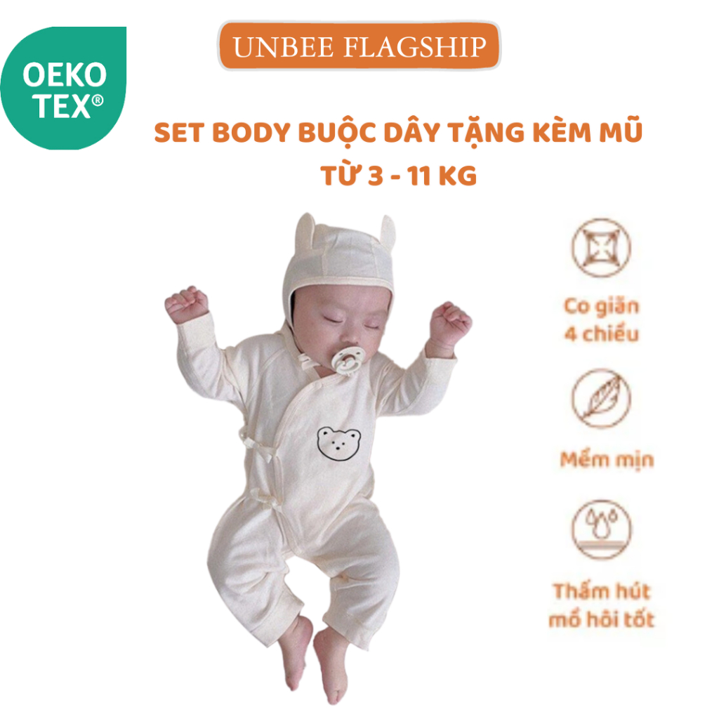 Bodysuit cài chéo dài tay Unbee kèm che thóp cho bé 1-11Kg chất liệu thun gân an toàn cho da nhạy cảm