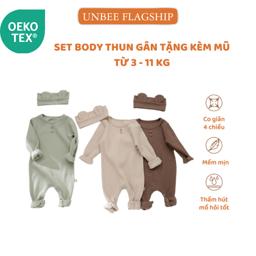Bộ quần áo liền thân dài tay kèm che thóp cho bé Unbee bodysuit chất liệu thun gân Hàn Quốc dành cho da nhạy cảm