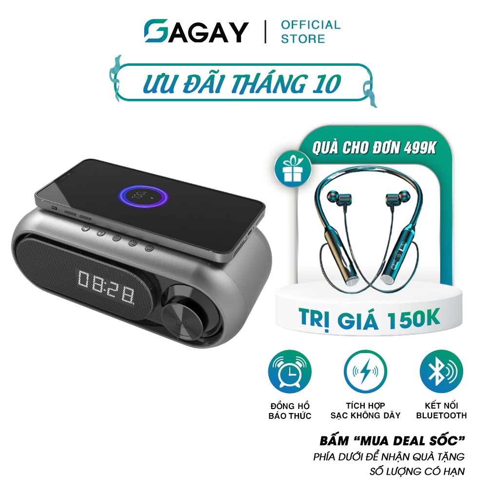 Loa bluetooth 3 trong 1 kết hợp sạc điện thoại không dây, loa tích hợp đồng hồ báo thức GAGAY