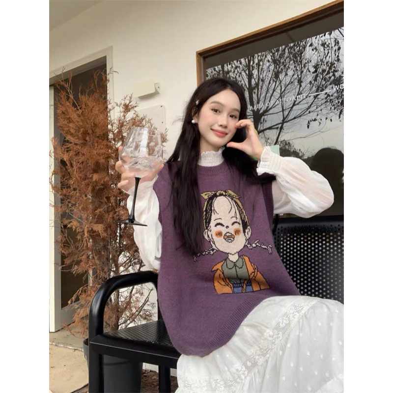 Áo Thun Ren Nữ Dài Tay Cổ Lọ Thêu Hoa Nhí Phối Váy Đầm Áo Gile Phong Cách Vintage Nhẹ Nhàng Điệu Đà Hàn Quốc