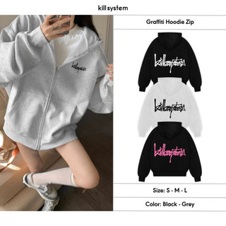 Áo khoác hoodie zip boxy form lửng Kill System Graffiti in hình chất vải chân cua