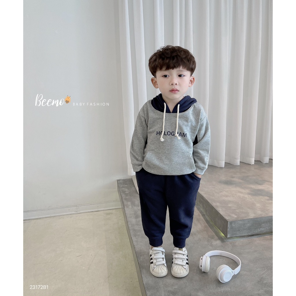 Bộ hoodie thể thao nỉ da cá in chữ Hologram Beemo cho bé, bộ mũ cho bé