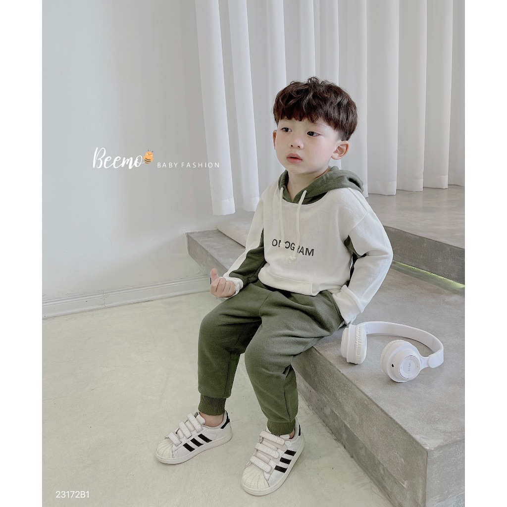 Bộ hoodie thể thao nỉ da cá in chữ Hologram Beemo cho bé, bộ mũ cho bé
