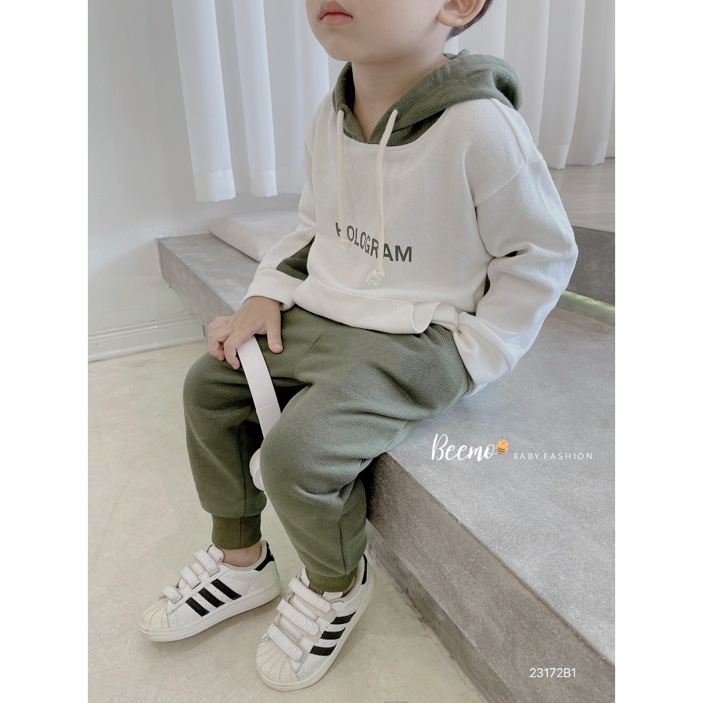 Bộ hoodie thể thao nỉ da cá in chữ Hologram Beemo cho bé, bộ mũ cho bé