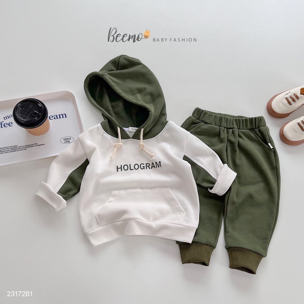 Bộ hoodie thể thao nỉ da cá in chữ Hologram Beemo cho bé, bộ mũ cho bé