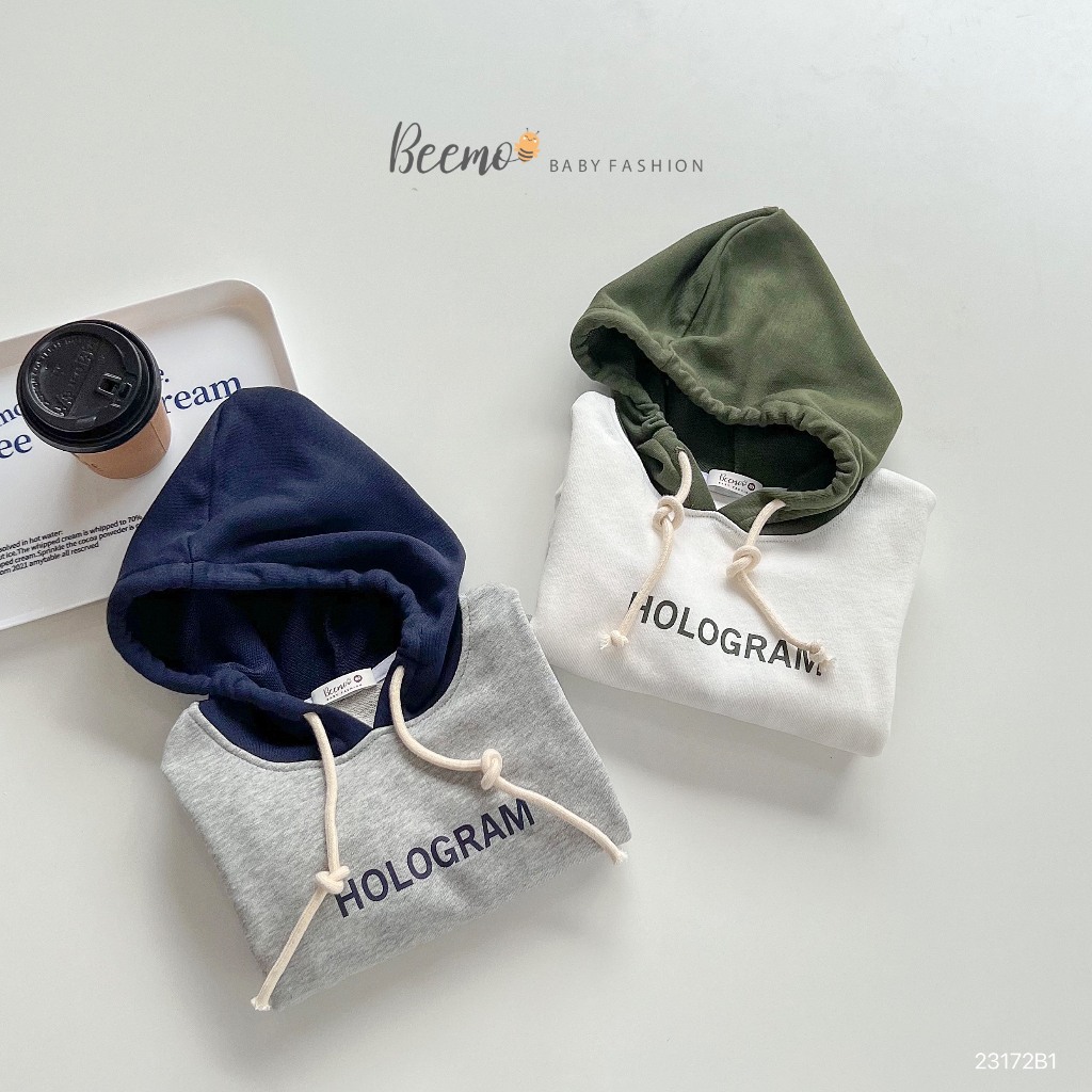 Bộ hoodie thể thao nỉ da cá in chữ Hologram Beemo cho bé, bộ mũ cho bé