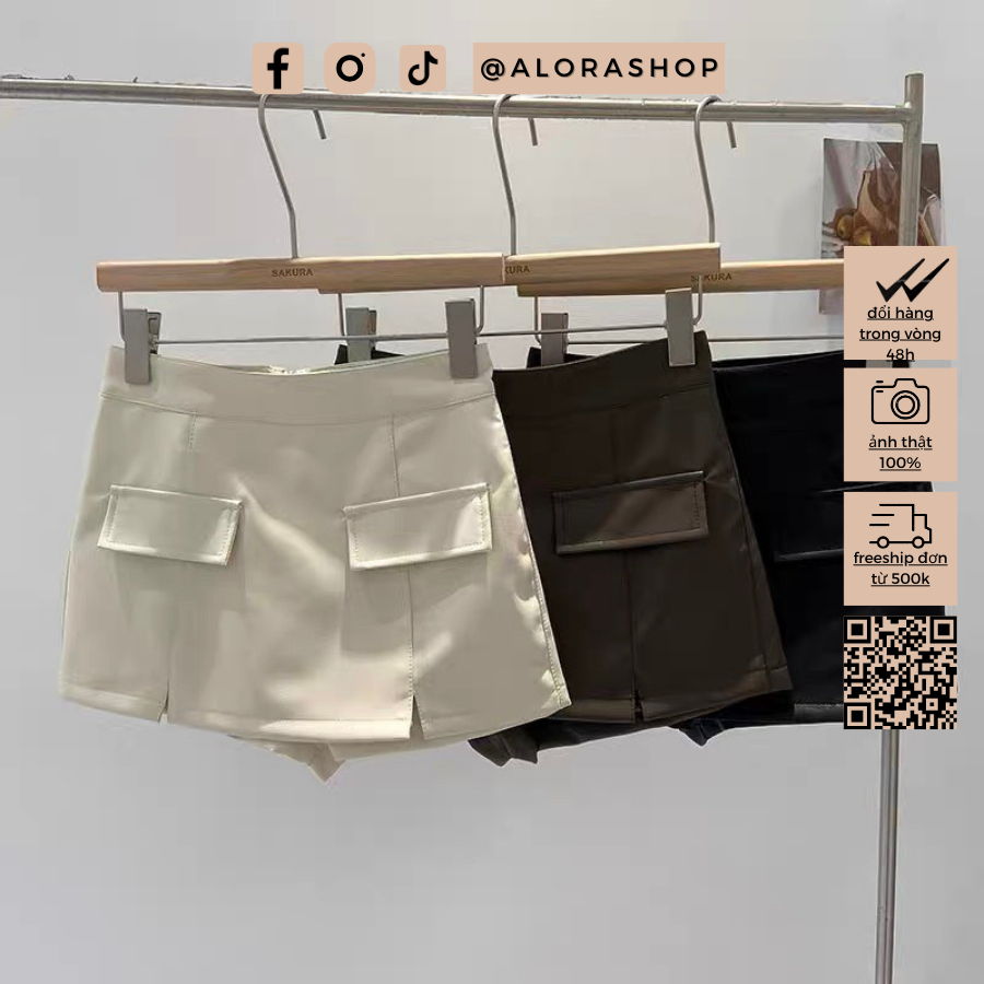 Quần váy da 2 nắp túi dáng ngắn xẻ 2 bên trắng, đen thời trang nữ Alora