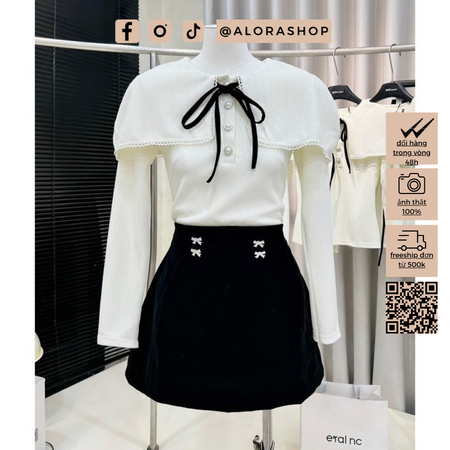 Set áo tăm nơ cúc ngọc bồng vai kèm chân váy nhung dáng A cài tag nơ thời trang nữ Alora