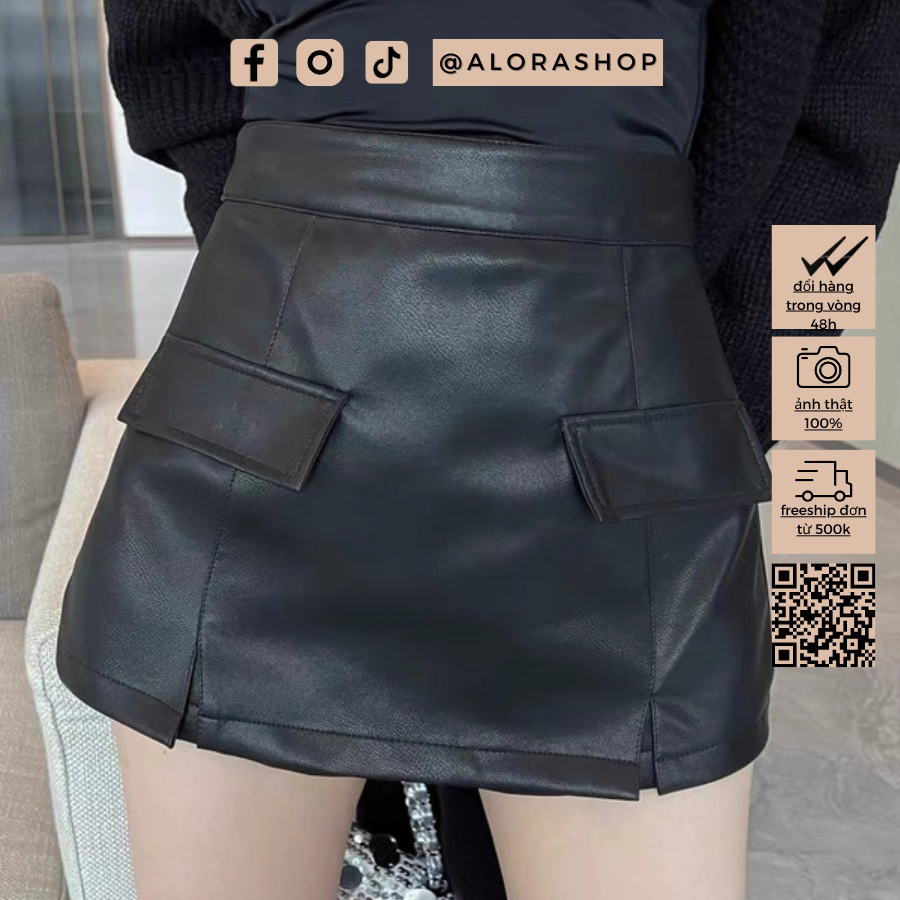 Quần váy da 2 nắp túi dáng ngắn xẻ 2 bên trắng, đen thời trang nữ Alora