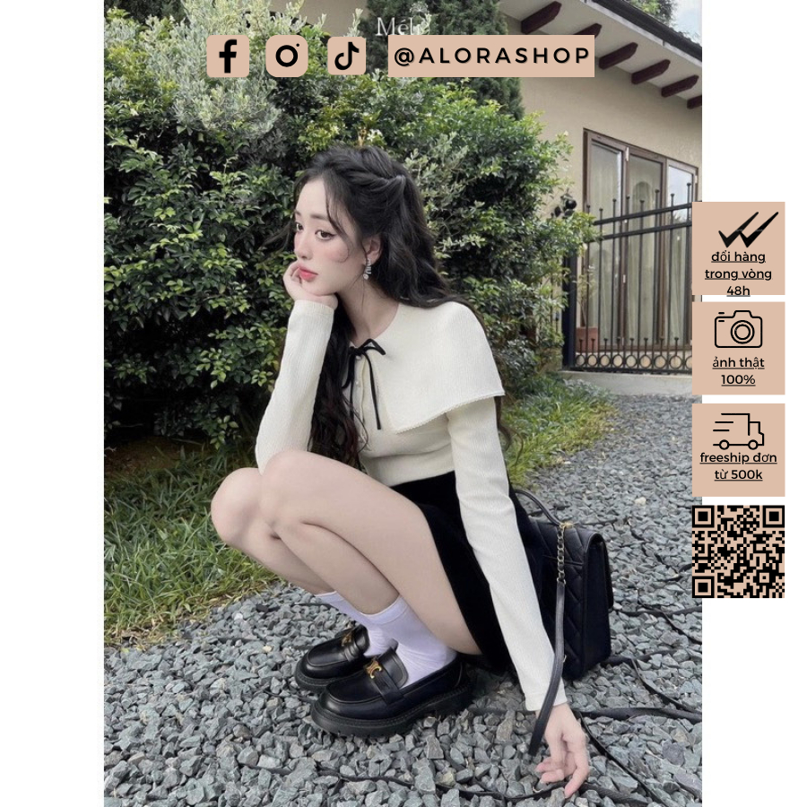 Set áo tăm nơ cúc ngọc bồng vai kèm chân váy nhung dáng A cài tag nơ thời trang nữ Alora