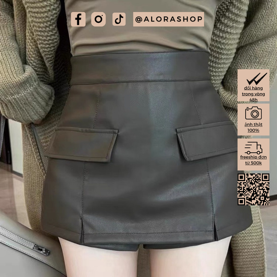 Quần váy da 2 nắp túi dáng ngắn xẻ 2 bên trắng, đen thời trang nữ Alora