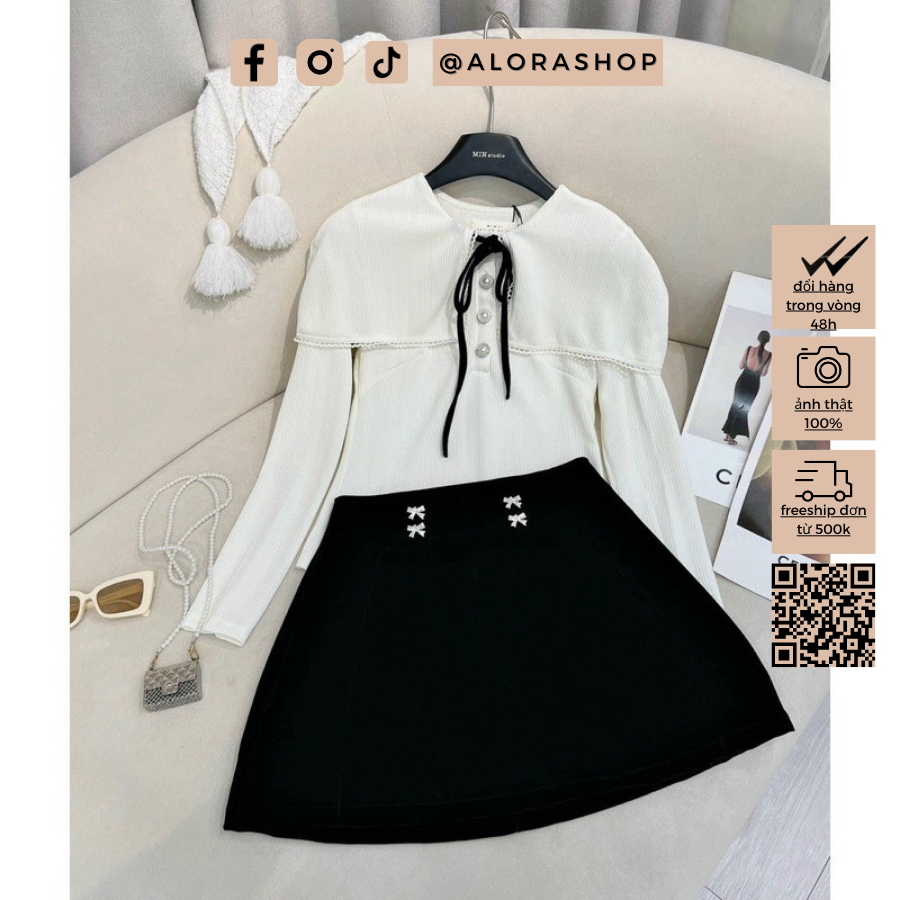 Set áo tăm nơ cúc ngọc bồng vai kèm chân váy nhung dáng A cài tag nơ thời trang nữ Alora