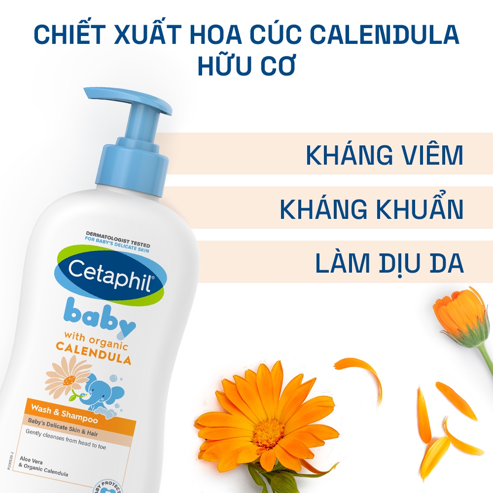 Combo Sữa tắm gội + Sữa dưỡng ẩm Cetaphil Baby with Organic Calendula 400ml/ chai