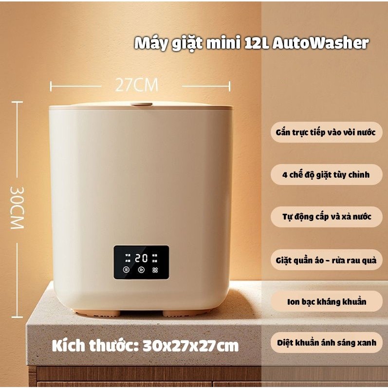 Máy giặt mini hút xả nước hoàn toàn tự động CVRAW 12 lít giặt đồ trắng đồ lót đồ mỏng đồ cho bé