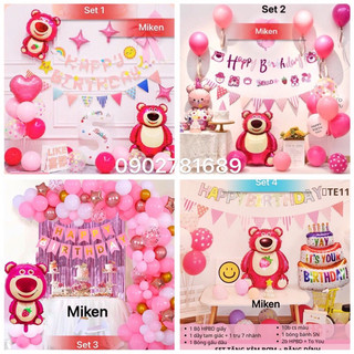 Set trang trí sinh nhật bóng gấu dâu , gấu Hồng Lotso trang trí sinh nhật bé gái, phụ kiện bóng sinh nhật