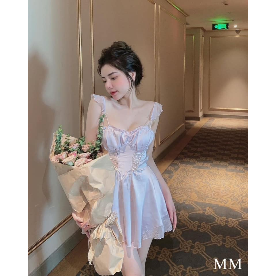Váy ngủ lụa latin kèm mút ngực phối dây cánh tiên sexy THE CELYNBRA - V111