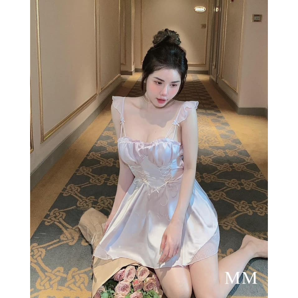 Váy ngủ lụa latin kèm mút ngực phối dây cánh tiên sexy THE CELYNBRA - V111