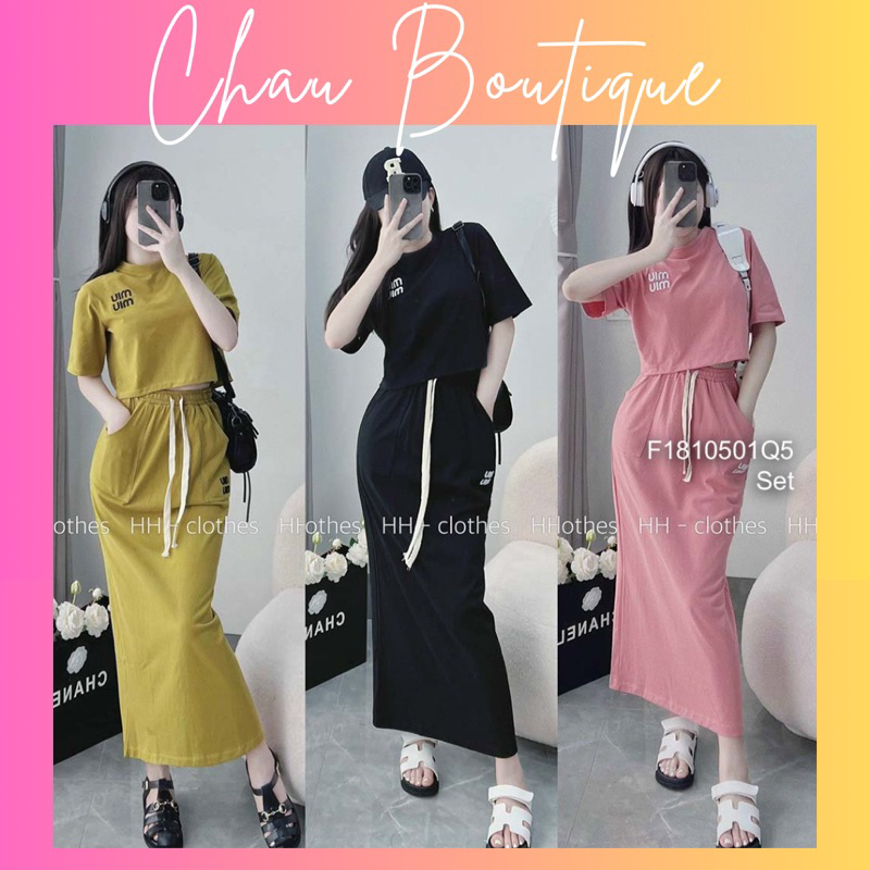 Set bộ thun áo form croptop tay ngắn ngực phối hình chữ kèm chân váy dài!