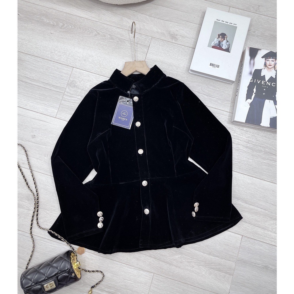 Áo khoác nữ nhung đen phối cúc đồng cực sang chảnh, Áo nhung dáng peplum