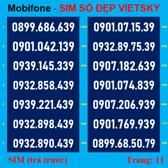 SIM SỐ ĐẸP Mobi09, T03,11, Đuôi 68,39,79 -Dể nhớ- Phong Thuỷ - Cặp gánh *** Sim số được nhiều người yêu thích