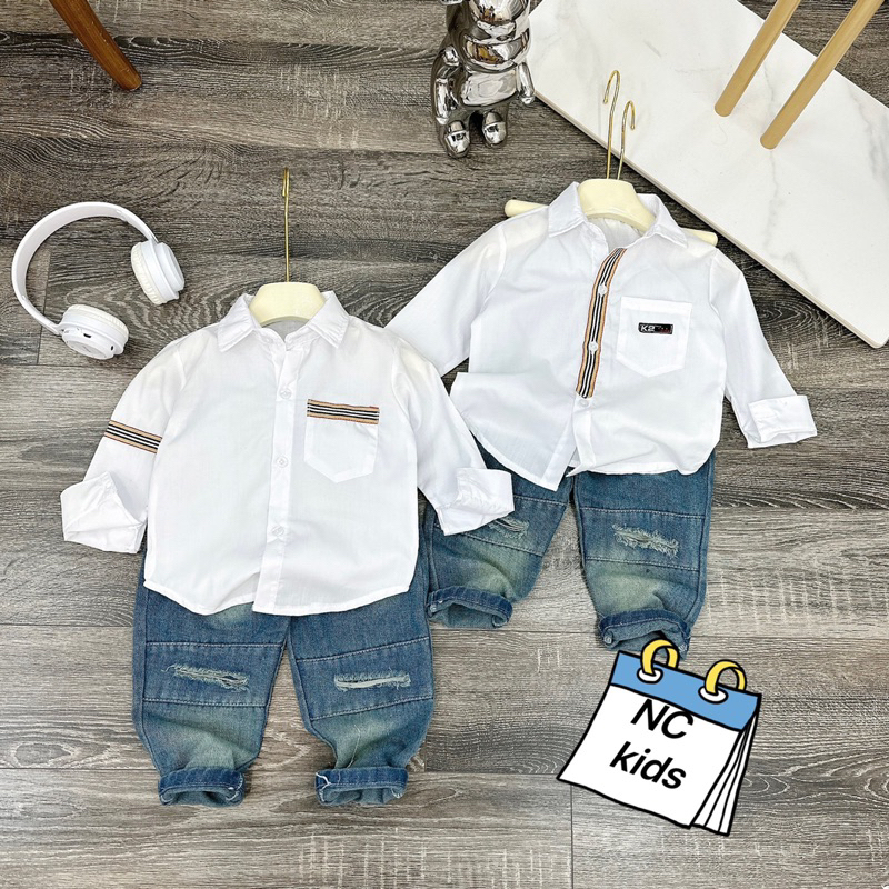 Sét bộ áo sơ mi trắng dài tay phối quần jean dài rách cho bé trai