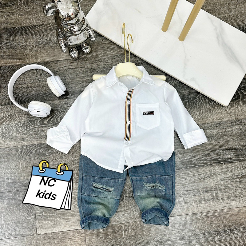 Sét bộ áo sơ mi trắng dài tay phối quần jean dài rách cho bé trai