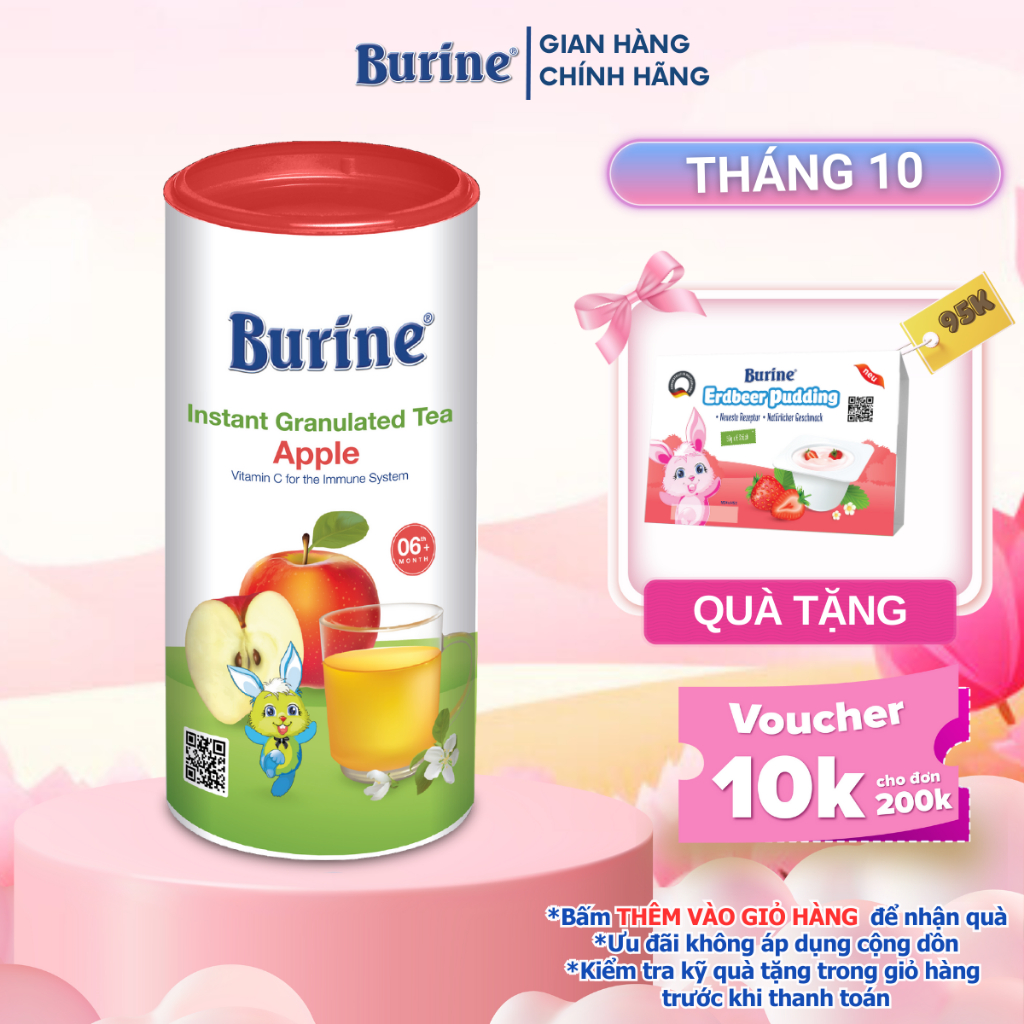 Trà Hoa Quả BURINE Vị Táo Tây 200g, Bổ Sung Vitamin C, Hỗ Trợ Giảm Táo Bón Cho Bé Từ 4 Tháng Tuổi.