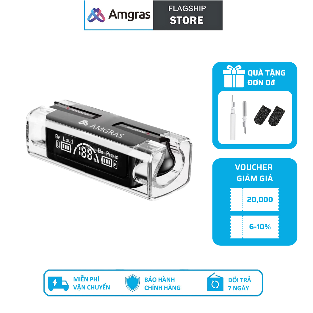 Tai nghe Amgras Future SE 3C29, bluetooth earphone, không dây, nhét tai, nghe nhạc true wireless, màn hình Led