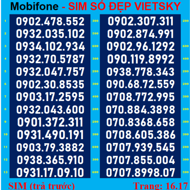 SIM SỐ ĐẸP Mobi09 Giá từ T16 -Dể nhớ- Phong Thuỷ - Cặp gánh *** SIM mobi đầu 09 được nhiều người yêu thích