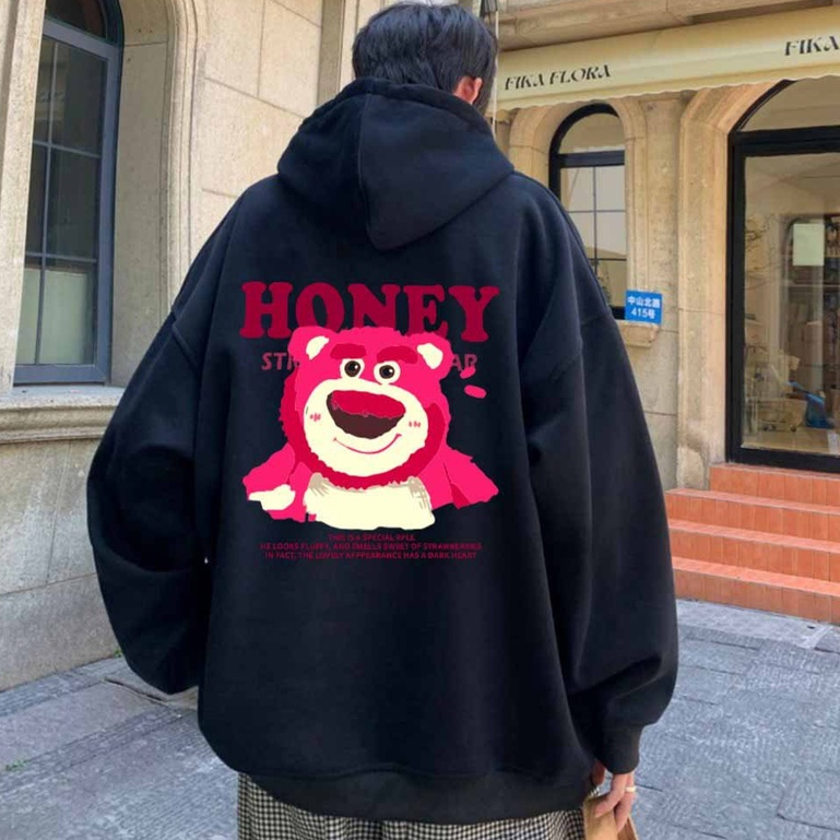 ÁO KHOÁC NỈ BÔNG NỮ ÉP HÌNH GẤU DÂU HỒNG HONEY ĐƠN GIẢN TRẺ TRUNG -ÁO HOODIE TRÒNG ĐẦU ĐÁNG YÊU XINH XẮN GẤU HONEY