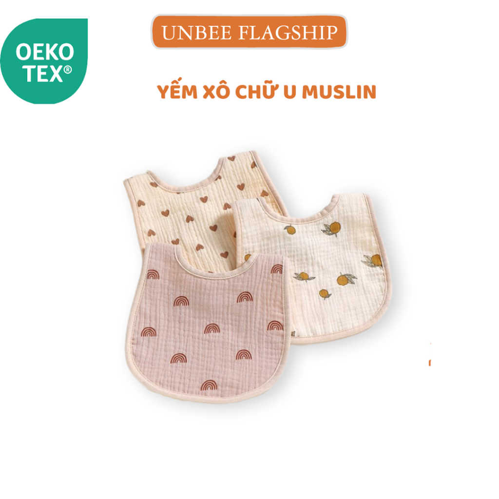 Yếm Tròn Chũ U Unbee Có Cúc Cài Freesize Cho Bé 0-3 Tuổi, Chất Liệu Xô Muslin Hàn Quốc