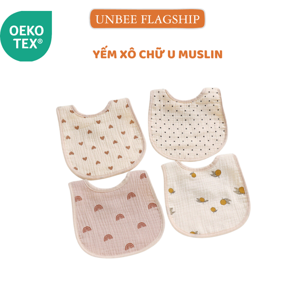 Yếm Tròn Chũ U 2 Lớp Unbee Có Cúc Cài Freesize Cho Bé 0-3 Tuổi, Chất Liệu Xô Muslin Hàn Quốc